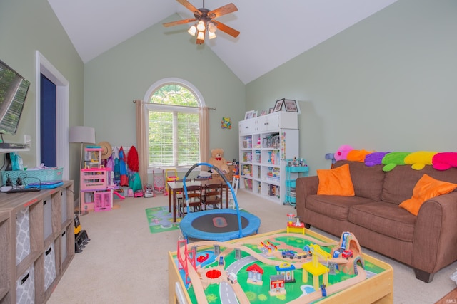 9076 Halston Cir, Newburgh, IN 47630 - recreation room with ceiling fan, carpet flooring, and high vaulted ceiling