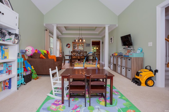 9076 Halston Cir, Newburgh, IN 47630 - carpeted dining area with decorative columns, ornamental molding, a chandelier, and vaulted ceiling