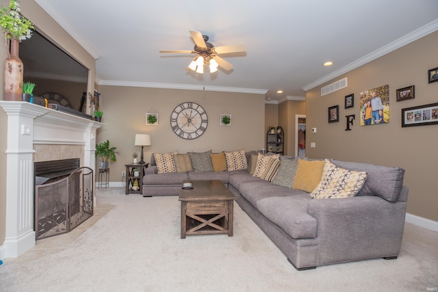 9076 Halston Cir, Newburgh, IN 47630 - living area with a ceiling fan, carpet, recessed lighting, ornamental molding, and baseboards
