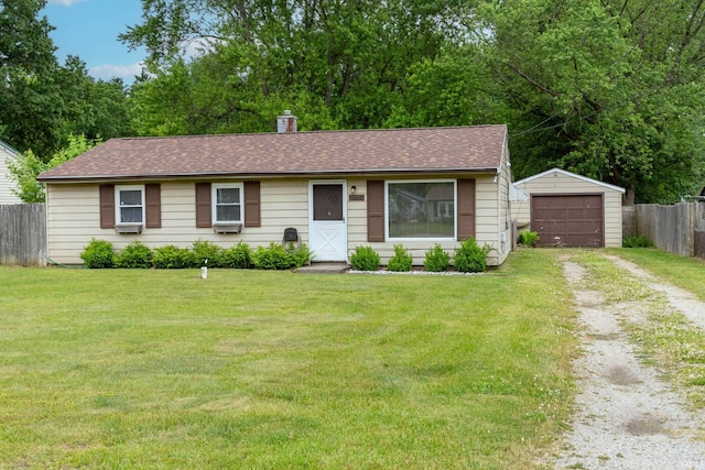 27672 Plainfield Dr, Elkhart, IN 46514 - single story home featuring dirt driveway, an outbuilding, a chimney, roof with shingles, and a detached garage