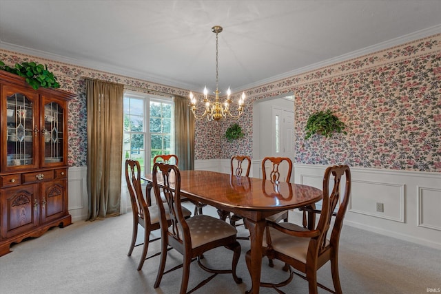 17813 Bromley Chase, South Bend, IN 46614 - dining room featuring wallpapered walls, a chandelier, wainscoting, light carpet, and ornamental molding