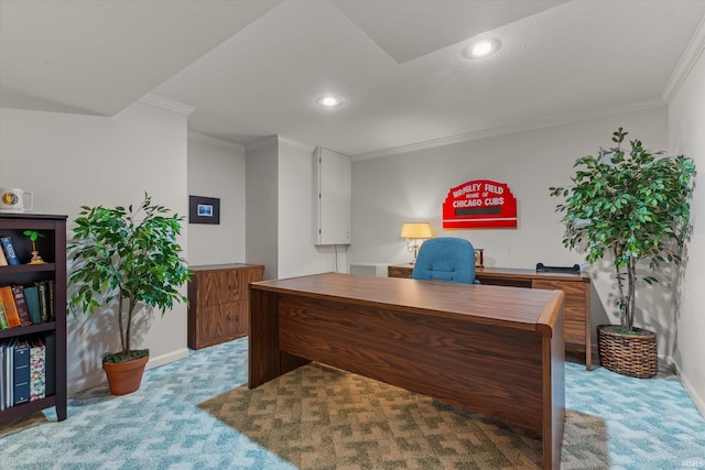 17813 Bromley Chase, South Bend, IN 46614 - office with light carpet, ornamental molding, baseboards, and recessed lighting