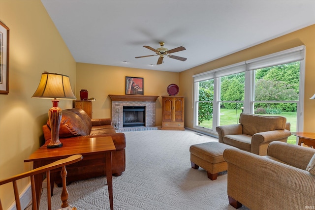 17813 Bromley Chase, South Bend, IN 46614 - living area featuring carpet floors, ceiling fan, and a brick fireplace