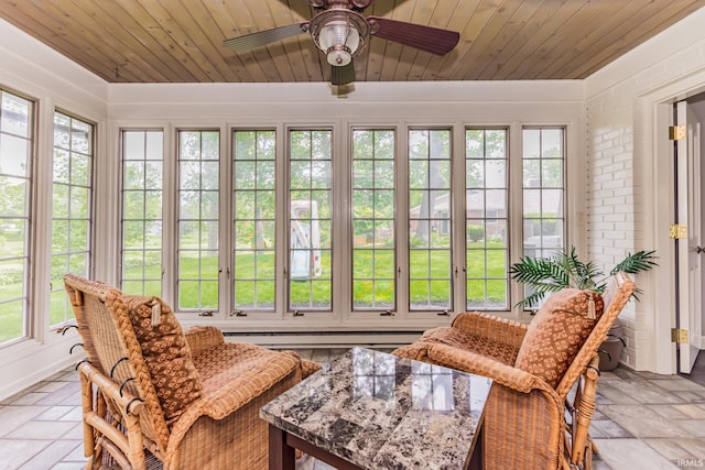 8804 W Tulip Tree Dr, Muncie, IN 47304 - sunroom with french doors, a ceiling fan, a baseboard radiator, and wood ceiling