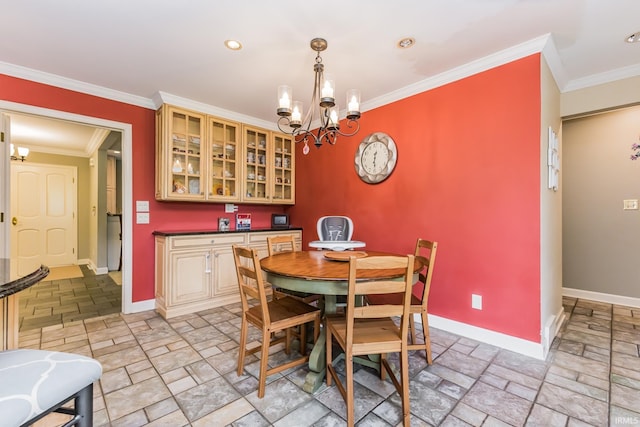 8804 W Tulip Tree Dr, Muncie, IN 47304 - dining space featuring stone tile flooring, a chandelier, baseboards, ornamental molding, and recessed lighting