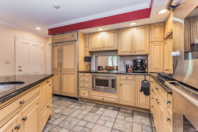 8804 W Tulip Tree Dr, Muncie, IN 47304 - kitchen featuring built in appliances, backsplash, recessed lighting, ornamental molding, and light stone finish flooring