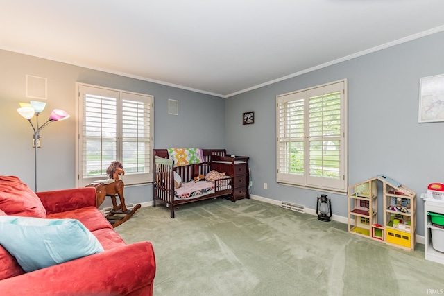 8804 W Tulip Tree Dr, Muncie, IN 47304 - living area featuring ornamental molding, plenty of natural light, baseboards, and carpet
