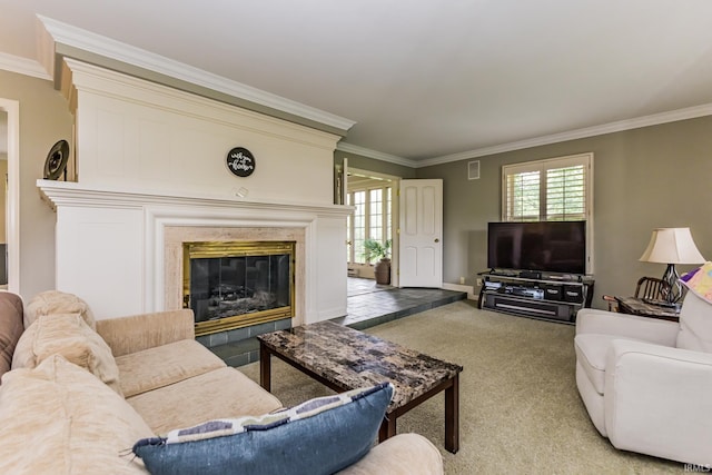 8804 W Tulip Tree Dr, Muncie, IN 47304 - carpeted living area featuring ornamental molding, a high end fireplace, and baseboards