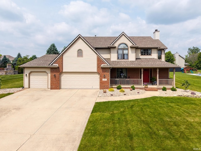 15329 Laurel Ridge Pl, Leo, IN 46765 - view of front of home with covered porch, a chimney, a front lawn, and driveway