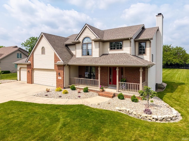 15329 Laurel Ridge Pl, Leo, IN 46765 - view of front of house with a chimney, a porch, brick siding, and a front yard