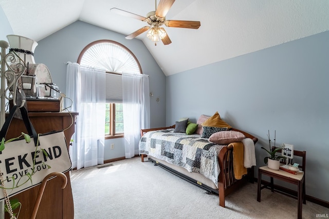 15329 Laurel Ridge Pl, Leo, IN 46765 - bedroom with vaulted ceiling, carpet floors, ceiling fan, and baseboards