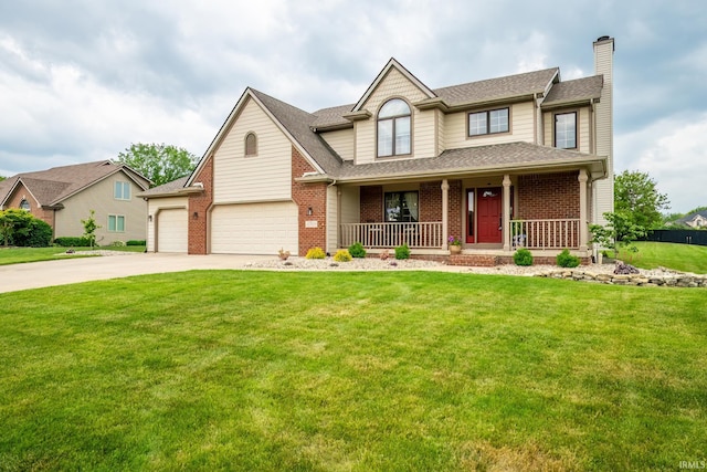 15329 Laurel Ridge Pl, Leo, IN 46765 - view of front facade with a chimney, covered porch, brick siding, concrete driveway, and a garage