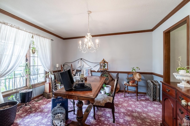 15329 Laurel Ridge Pl, Leo, IN 46765 - office space featuring a chandelier, carpet flooring, baseboards, crown molding, and radiator heating unit