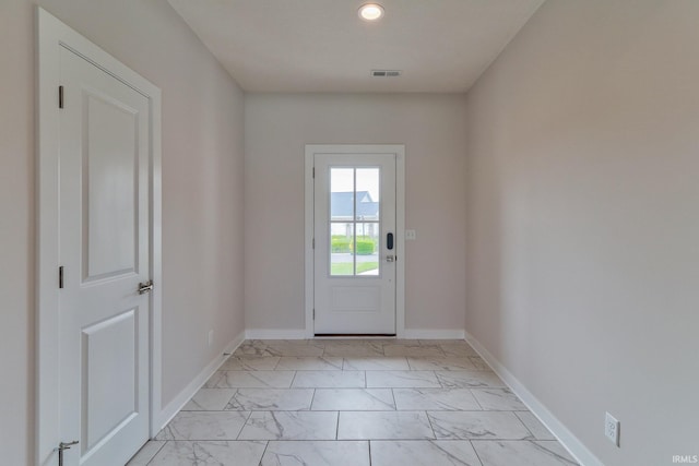 5708 Abbe Wood Dr, Newburgh, IN 47630 - doorway to outside with light marble finish flooring, baseboards, and recessed lighting