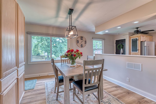 713 Carole Pl, Newburgh, IN 47630 - dining room featuring light wood finished floors, baseboards, a ceiling fan, and recessed lighting