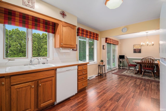 26966 Heather Ln, Elkhart, IN 46514 - kitchen with dishwasher, a sink, dark wood-type flooring, and a chandelier