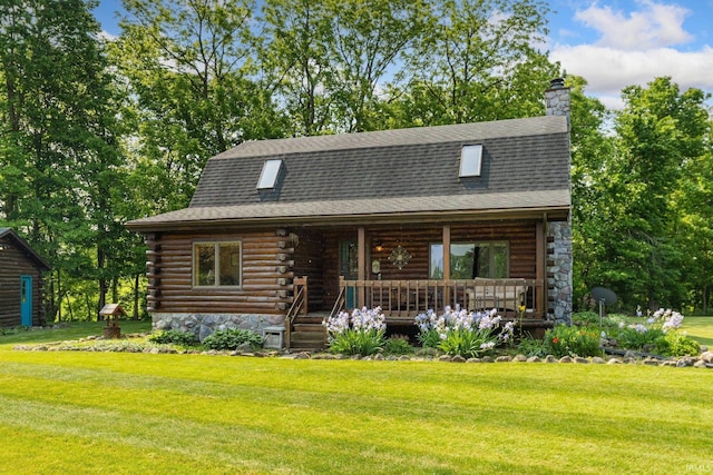 1764 County Road 66th Rd, Auburn, IN 46706 - log home featuring covered porch, a front lawn, log siding, roof with shingles, and a chimney