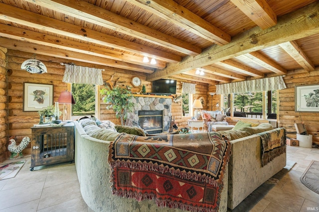 1764 County Road 66th Rd, Auburn, IN 46706 - living room with rustic walls, a fireplace, wooden ceiling with exposed beams, and plenty of natural light