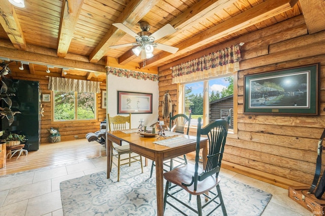 1764 County Road 66th Rd, Auburn, IN 46706 - dining space featuring log walls, wooden ceiling with exposed beams, tile patterned floors, and ceiling fan