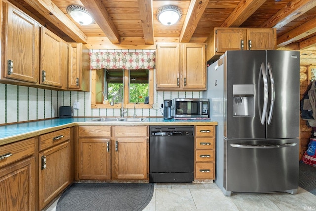 1764 County Road 66th Rd, Auburn, IN 46706 - kitchen featuring stainless steel appliances, a sink, wooden ceiling with exposed beams, light tile patterned floors, and brown cabinetry
