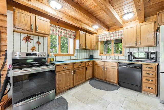 1764 County Road 66th Rd, Auburn, IN 46706 - kitchen featuring stainless steel appliances, a sink, wood ceiling with exposed beams, healthy amount of natural light, and light countertops