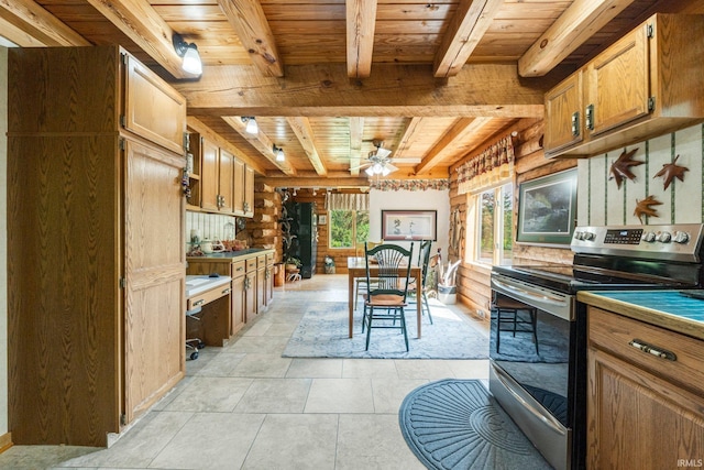 1764 County Road 66th Rd, Auburn, IN 46706 - kitchen featuring electric stove, wooden ceiling with exposed beams, ceiling fan, light tile patterned floors, and brown cabinets