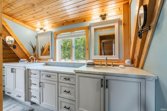 1764 County Road 66th Rd, Auburn, IN 46706 - bathroom with wood ceiling and double vanity