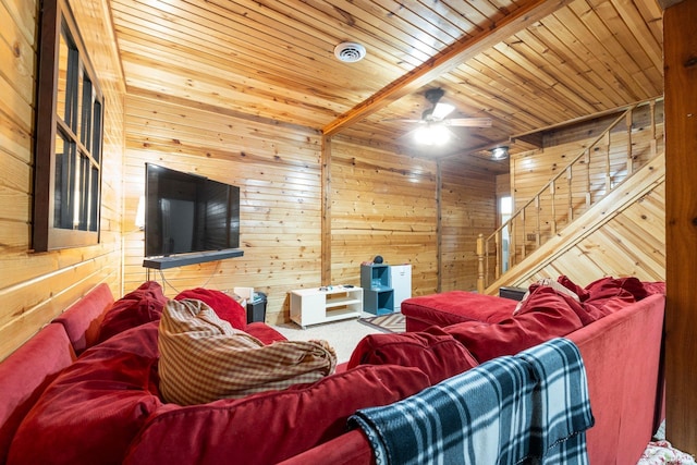 1764 County Road 66th Rd, Auburn, IN 46706 - living room with wood walls, wood ceiling, stairs, ceiling fan, and carpet flooring