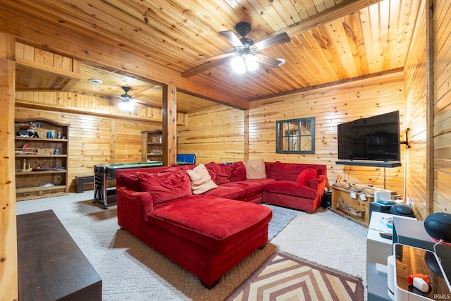 1764 County Road 66th Rd, Auburn, IN 46706 - living area with wooden ceiling with exposed beams, wooden walls, ceiling fan, and carpet flooring
