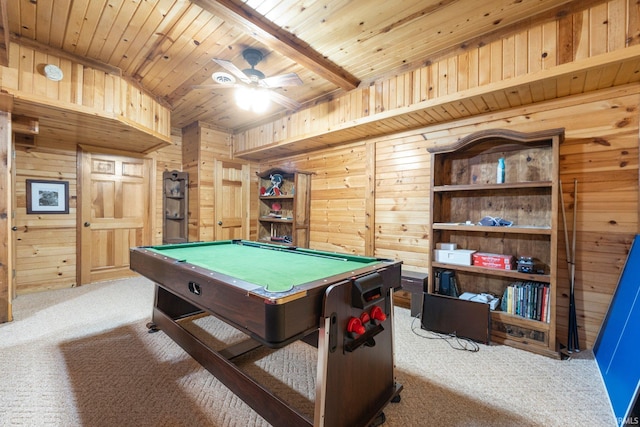 1764 County Road 66th Rd, Auburn, IN 46706 - recreation room featuring carpet, wooden walls, a ceiling fan, billiards, and wood ceiling with exposed beams