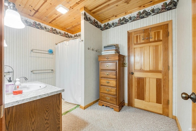 1764 County Road 66th Rd, Auburn, IN 46706 - bathroom featuring wallpapered walls, a shower with shower curtain, vanity, baseboards, and wood ceiling