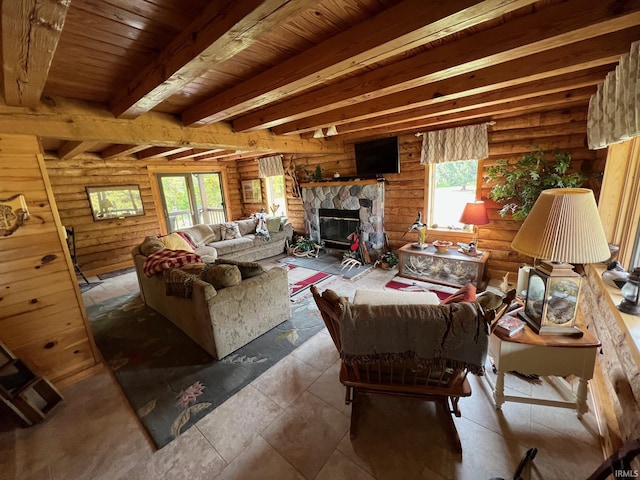 1764 County Road 66th Rd, Auburn, IN 46706 - living area with wooden ceiling with exposed beams and a fireplace