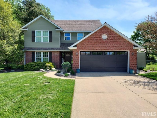394 Saint Charles St, Jasper, IN 47546 - traditional home with an attached garage, concrete driveway, brick siding, a front lawn, and a shingled roof