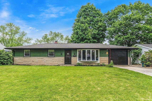 332 W Tyland Blvd, New Haven, IN 46774 - ranch-style house featuring stone siding, driveway, a garage, and a front lawn
