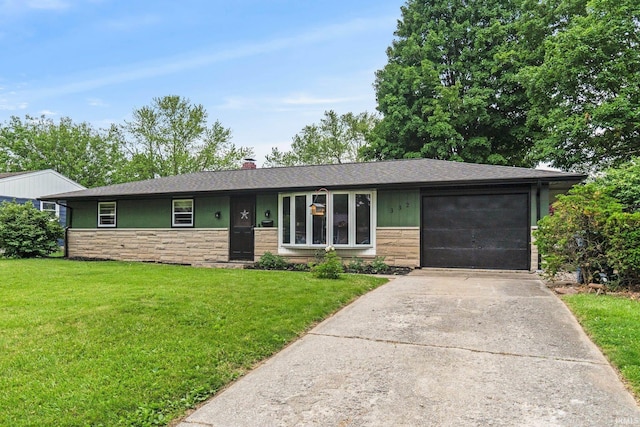 332 W Tyland Blvd, New Haven, IN 46774 - ranch-style house featuring stone siding, concrete driveway, a front yard, and a garage
