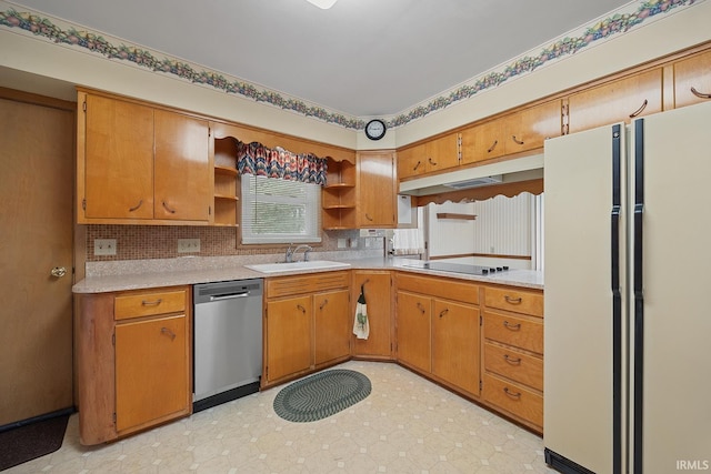 14 Brady Ct, Lafayette, IN 47909 - kitchen featuring dishwasher, freestanding refrigerator, open shelves, a sink, and black electric stovetop