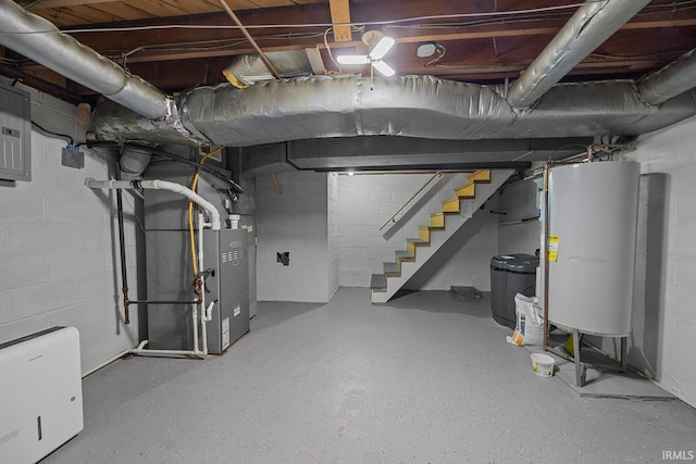 14 Brady Ct, Lafayette, IN 47909 - unfinished below grade area featuring water heater, stairs, heating unit, and electric panel