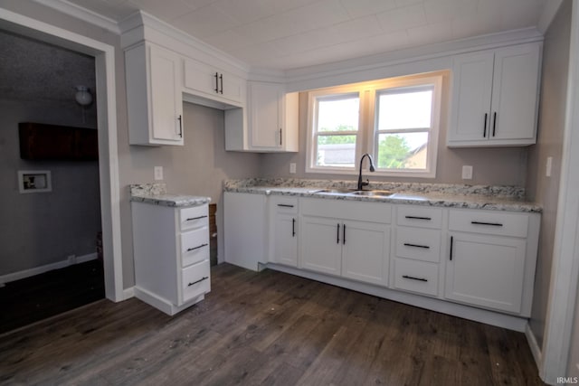 400 S Main St, Knox, IN 46534 - kitchen featuring a sink, dark wood-type flooring, white cabinets, and ornamental molding