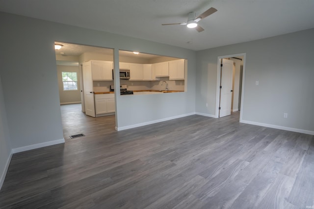 1109 E 6th St, Fowler, IN 47944 - unfurnished living room with ceiling fan, a sink, dark wood-style flooring, and baseboards