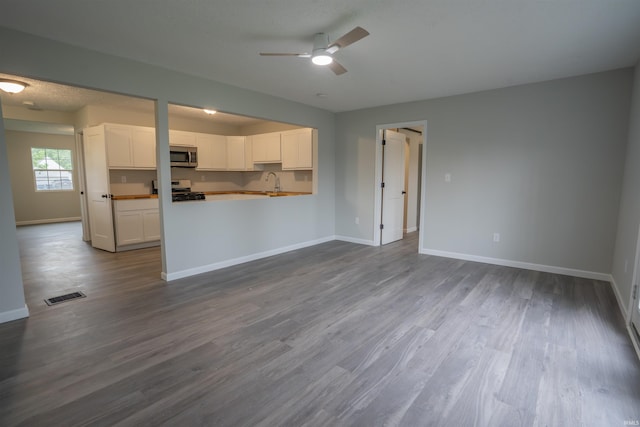 1109 E 6th St, Fowler, IN 47944 - unfurnished living room with ceiling fan, baseboards, dark wood-type flooring, and a sink