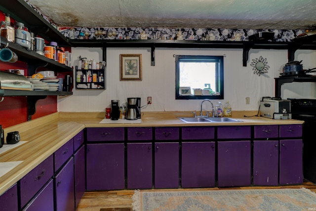 9469 W Sinclair Rd, Birdseye, IN 47513 - kitchen with red cabinets, a sink, open shelves, and light countertops