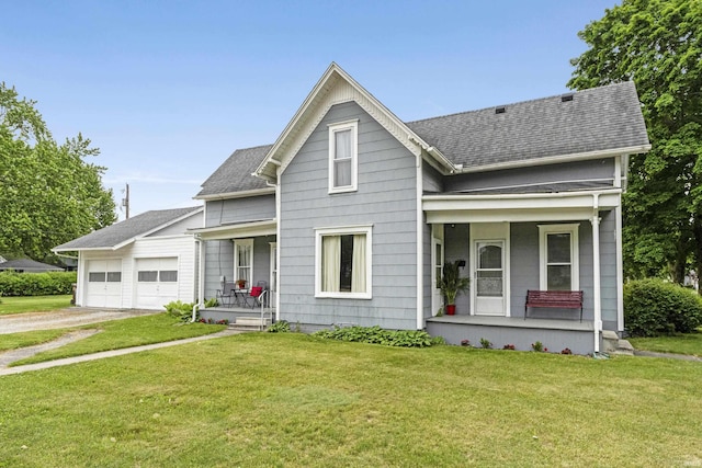 1202 S Van Buren St, Auburn, IN 46706 - view of front of house with a porch, a garage, a front lawn, and dirt driveway