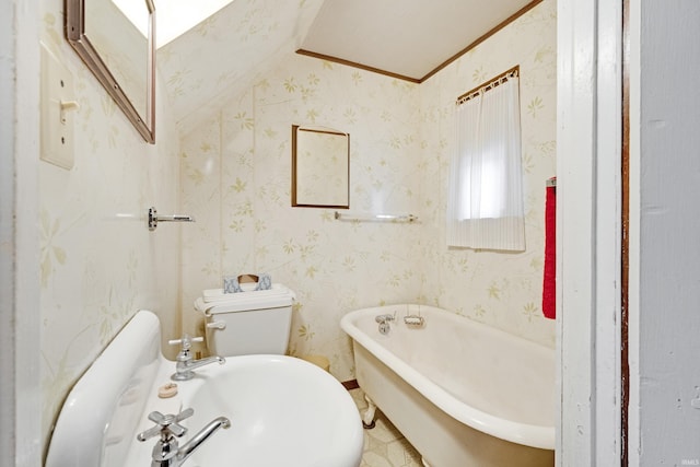 1202 S Van Buren St, Auburn, IN 46706 - full bathroom with a freestanding tub, vaulted ceiling, and wallpapered walls