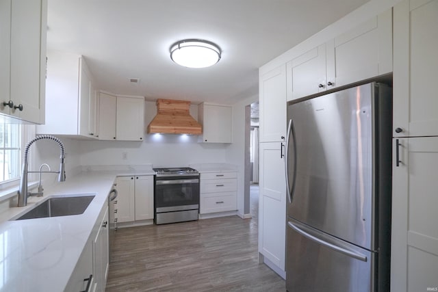 52589 Lilac Rd, South Bend, IN 46628 - kitchen featuring appliances with stainless steel finishes, custom exhaust hood, a sink, wood finished floors, and light stone countertops