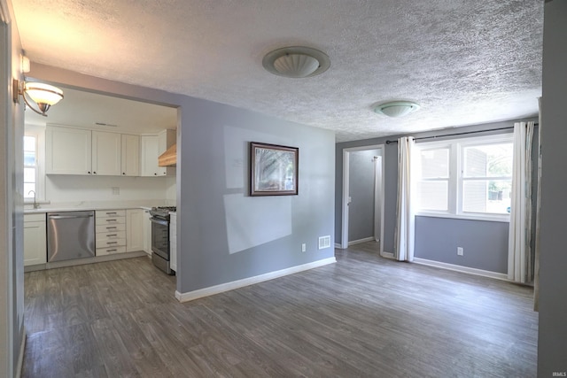 52589 Lilac Rd, South Bend, IN 46628 - kitchen featuring stainless steel appliances, ventilation hood, dark wood-style flooring, baseboards, and a textured ceiling