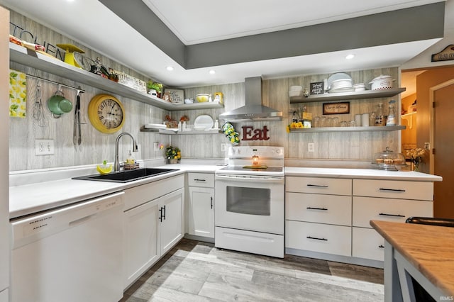 6916 Woodtrail Ct, Fort Wayne, IN 46835 - kitchen with wall chimney exhaust hood, white appliances, open shelves, a sink, and recessed lighting