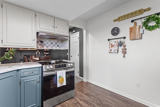 5345 E 00 Ns, Greentown, IN 46936 - kitchen with stainless steel electric range, under cabinet range hood, tasteful backsplash, baseboards, and wood finished floors