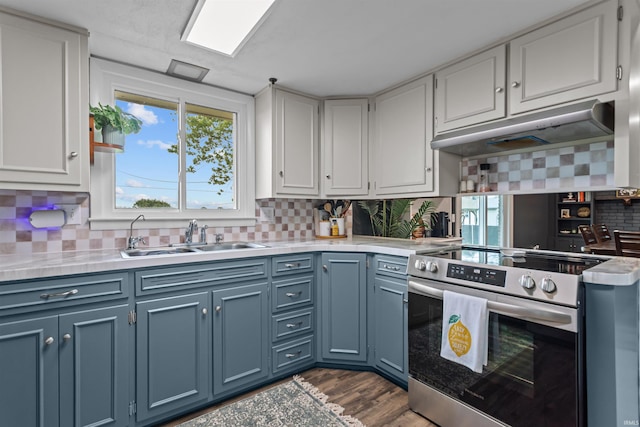 5345 E 00 Ns, Greentown, IN 46936 - kitchen with stainless steel range with electric cooktop, a sink, under cabinet range hood, light countertops, and white cabinetry