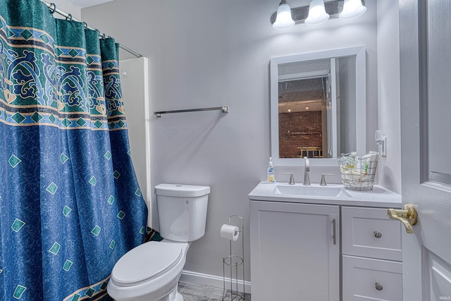 505 Wyndclyff Dr, Evansville, IN 47711 - bathroom with toilet, vanity, curtained shower, and baseboards