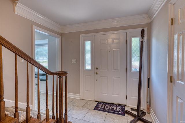 505 Wyndclyff Dr, Evansville, IN 47711 - foyer with ornamental molding, stairway, light tile patterned floors, plenty of natural light, and baseboards